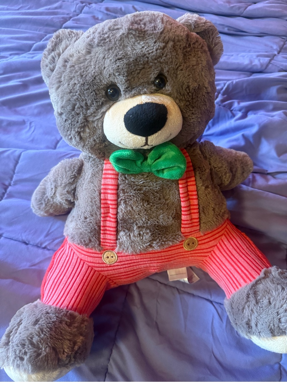 Plush Gray Teddy Bear with Green Bow and Red Striped Overalls
